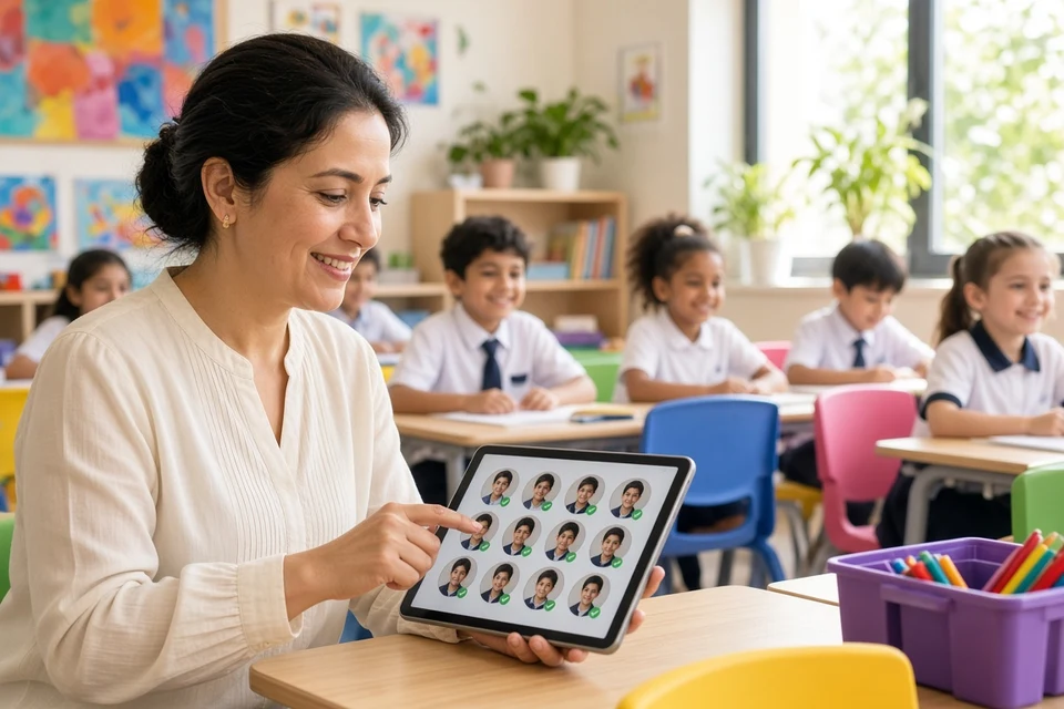 Teacher marking student attendance on a tablet in a bright UAE classroom