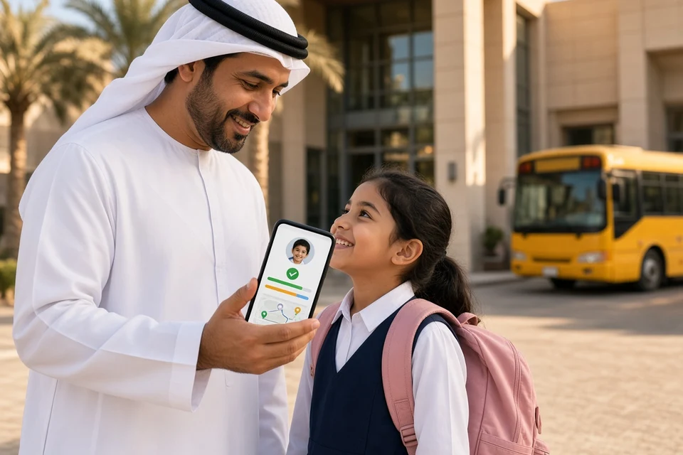 Father and daughter checking a school parent app on a smartphone outside a UAE school