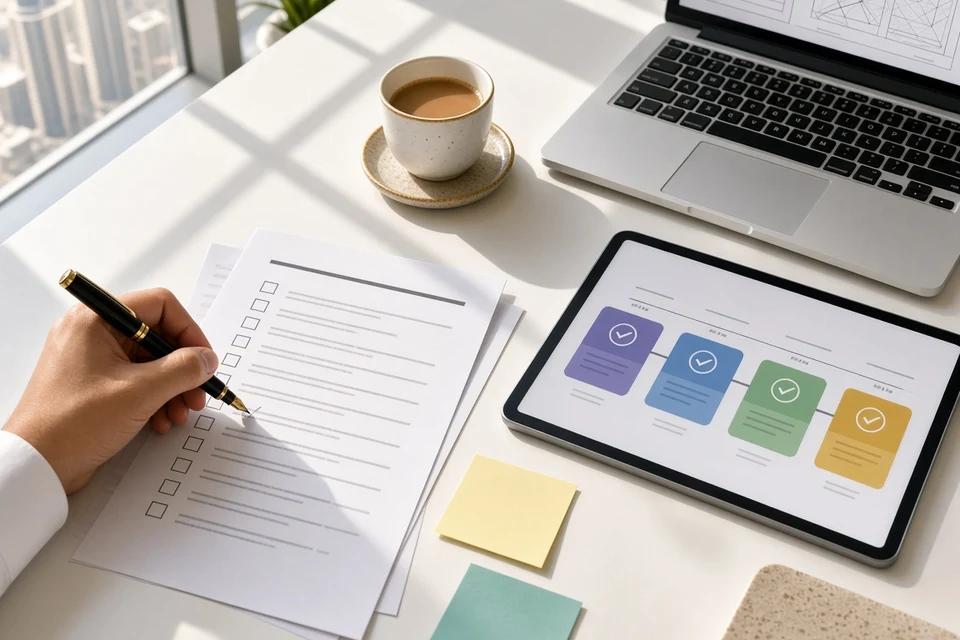 Reviewing a software contract checklist beside a milestone payment plan on a tablet in a bright Dubai office