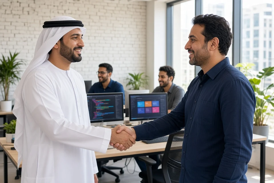 UAE client shaking hands with a software team lead in a bright development studio