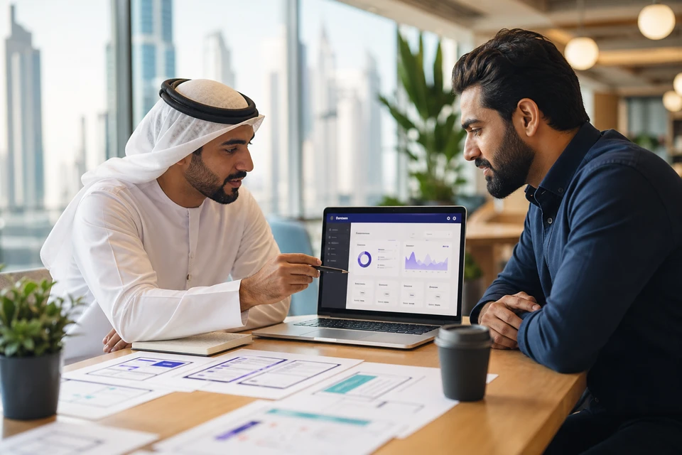 Custom software development team reviewing project budget in Dubai