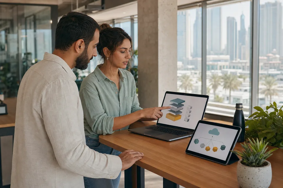 Software architects reviewing custom application tech stack diagrams in a modern office