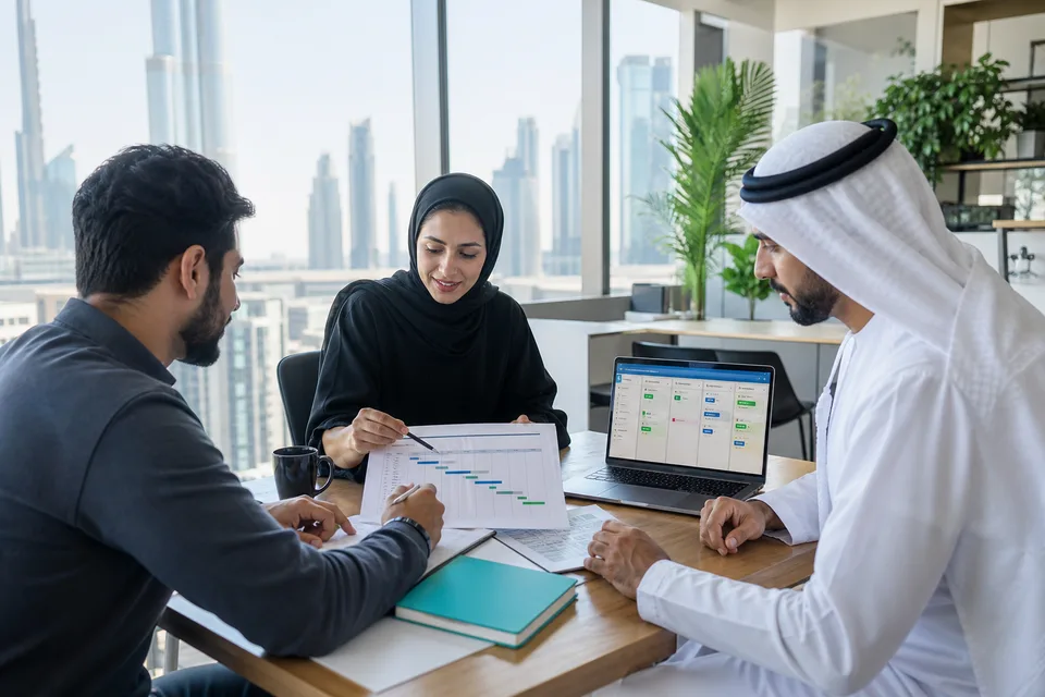 Software team reviewing project roadmap and sprint board in Dubai