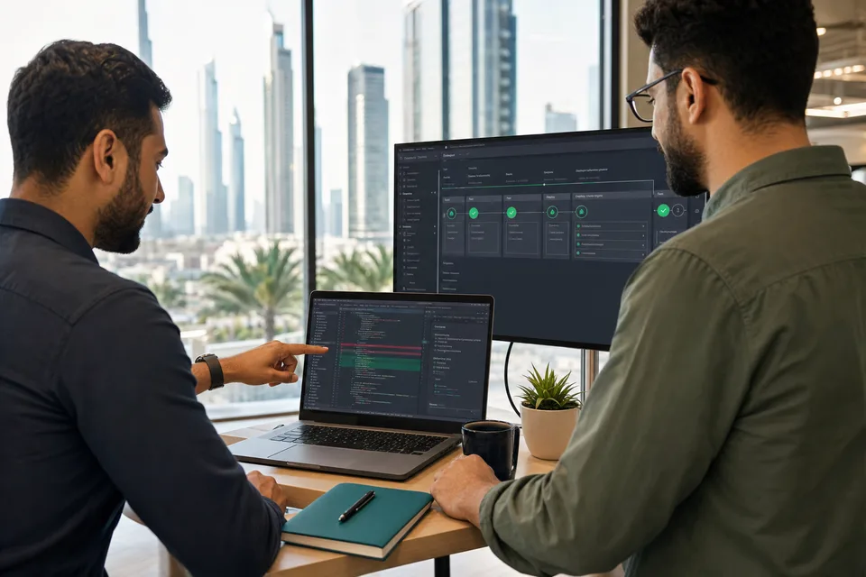 Software engineers reviewing maintenance updates and deployment status in Dubai