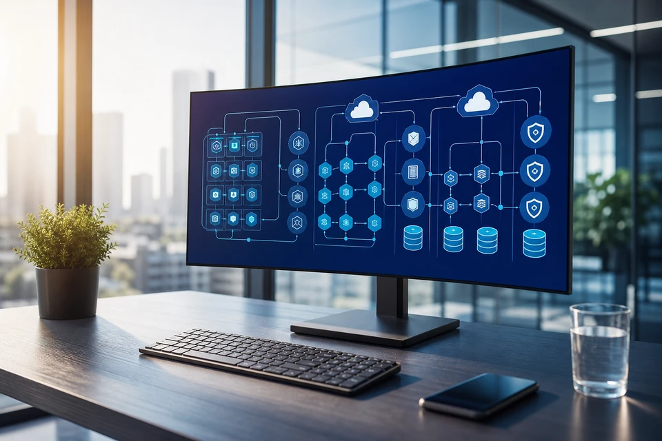 Custom enterprise software architecture dashboard on a modern workstation