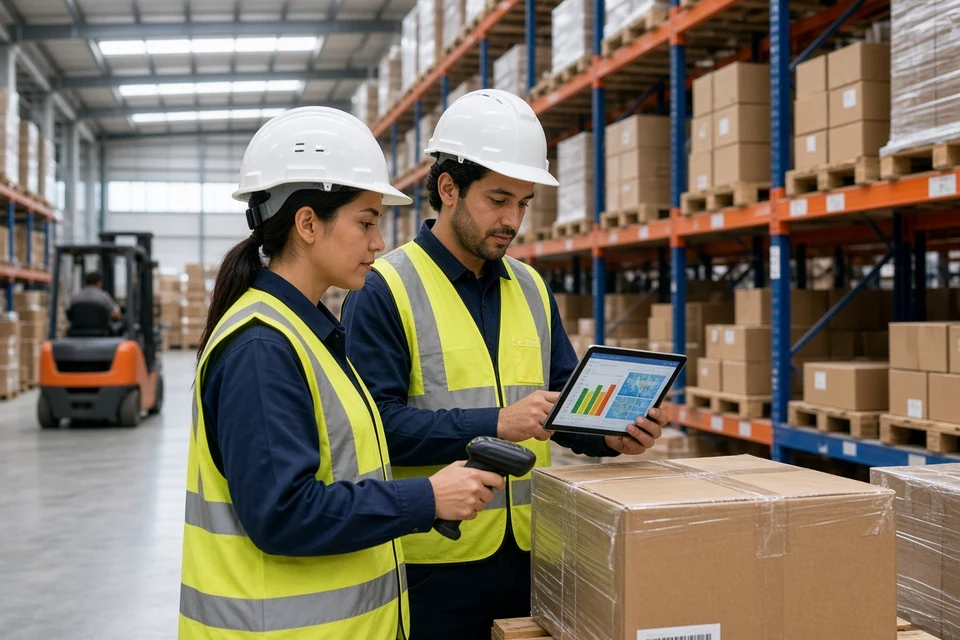 Warehouse supervisors scanning cartons and checking live stock on a tablet in a bright UAE distribution centre