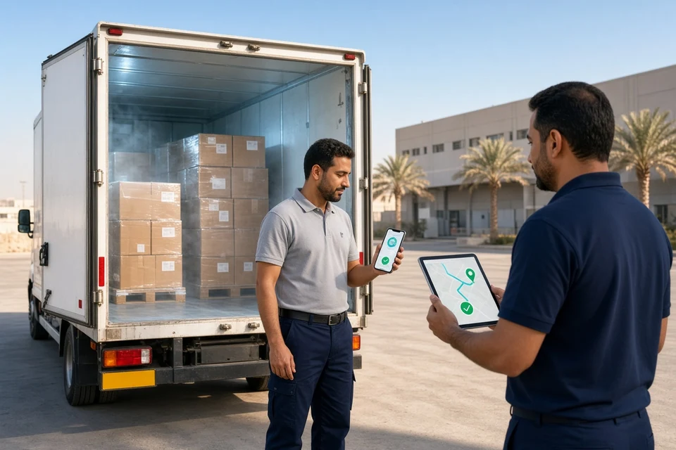 Driver and dispatcher checking a cold chain shipment on mobile devices beside a refrigerated truck in the UAE