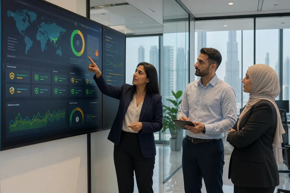 Cybersecurity team reviewing firewall and endpoint protection dashboards in a bright Dubai office