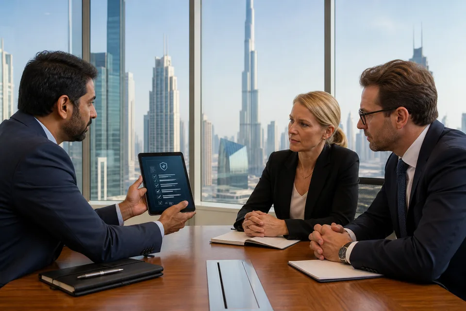 Cybersecurity consultant presenting a compliance roadmap to business executives in a Dubai conference room