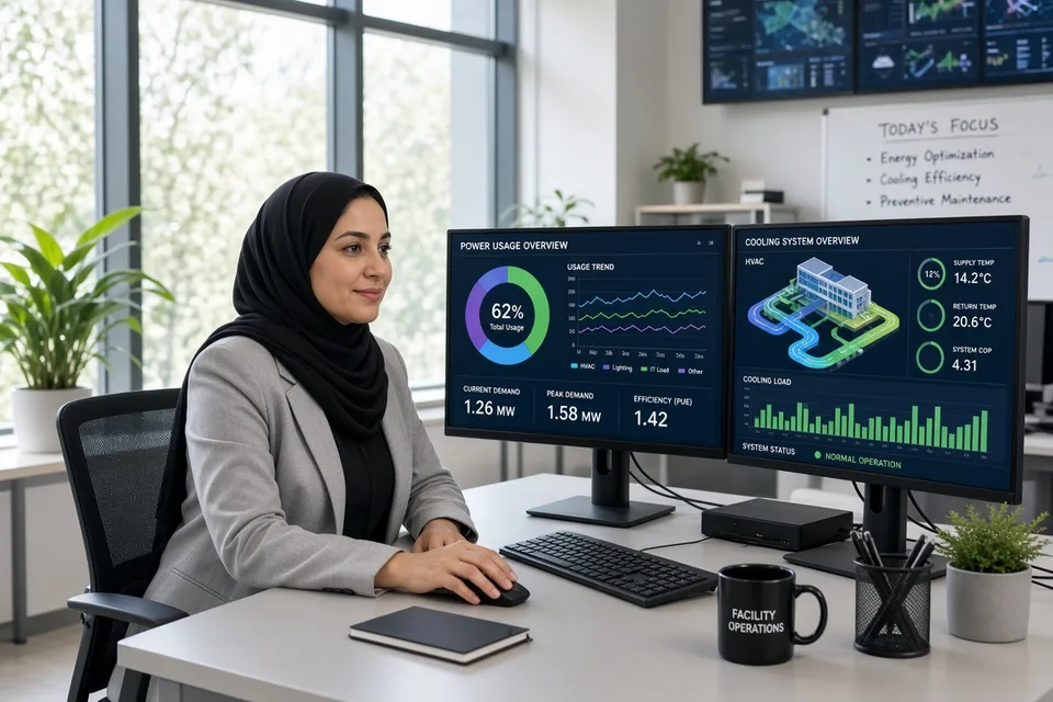 Facility manager monitoring data center power and cooling dashboards in a bright modern operations room