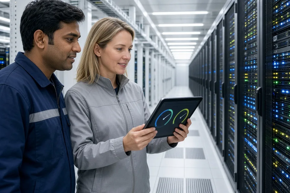 Engineers inspecting server racks and cooling systems while reviewing energy metrics on a tablet