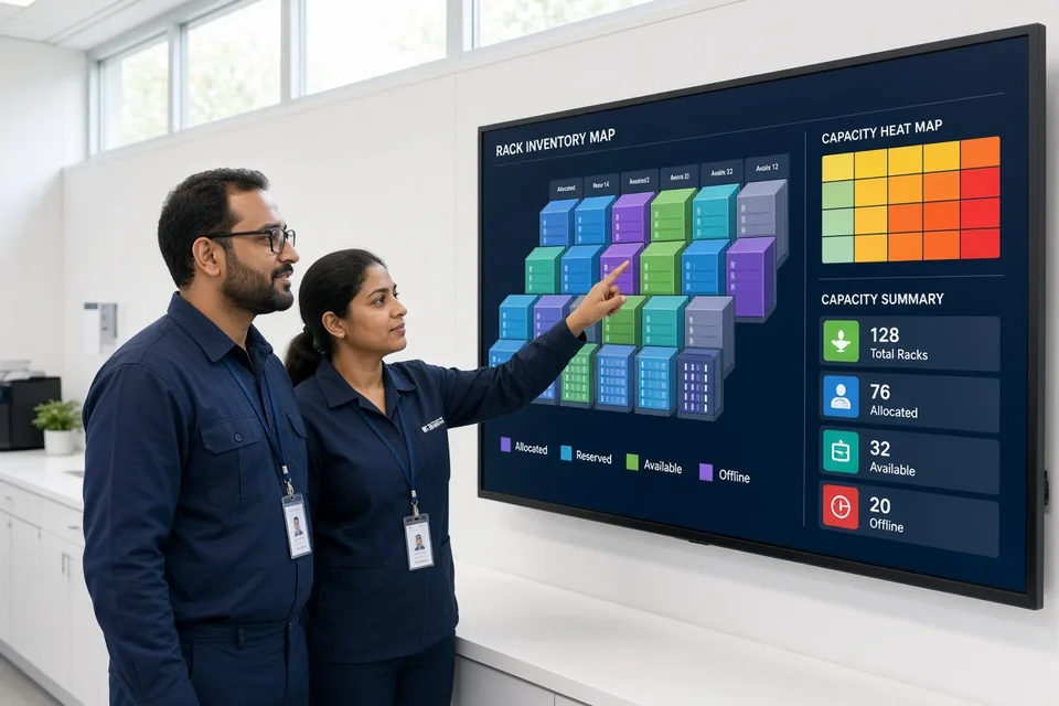 Data center operators reviewing rack inventory and capacity maps on a bright operations wall display