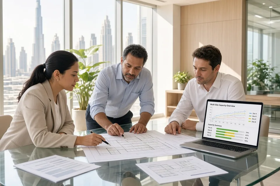 Infrastructure team planning multi-site DCIM capacity on a bright glass conference table