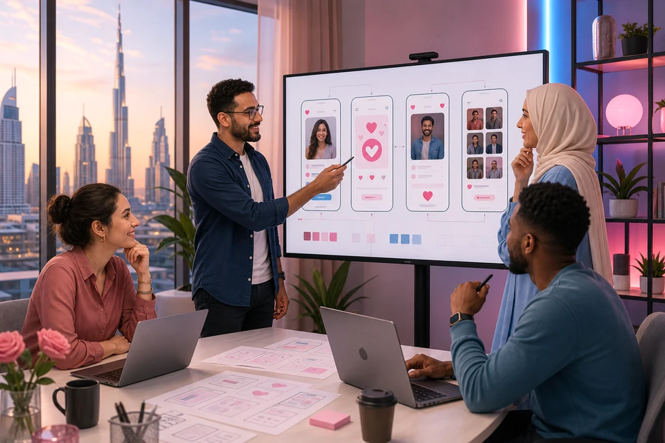 Dating app developers in Dubai reviewing mobile app designs