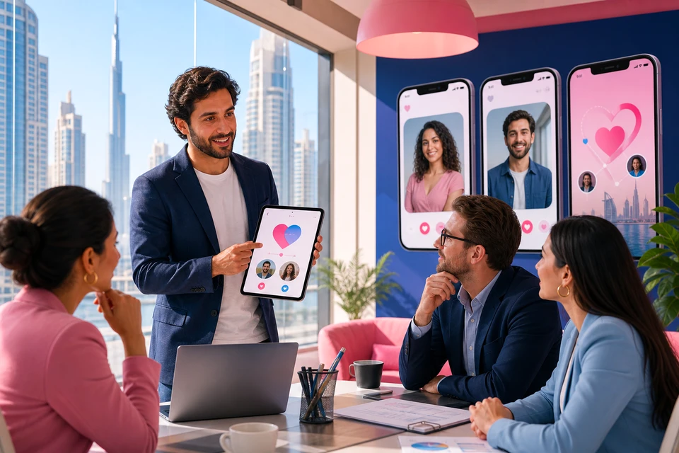 Entrepreneur presenting a dating app prototype in Dubai