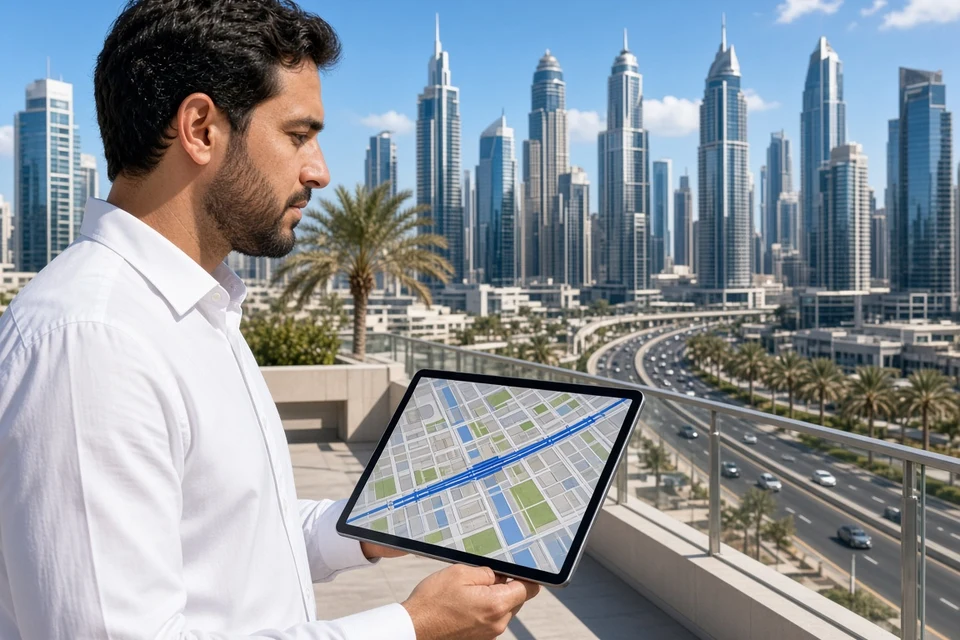 City planner on a sunny Dubai terrace reviewing a live street and transit map on a tablet
