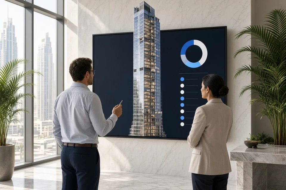 Architect and property manager reviewing a tower digital twin and energy chart in a bright Dubai gallery