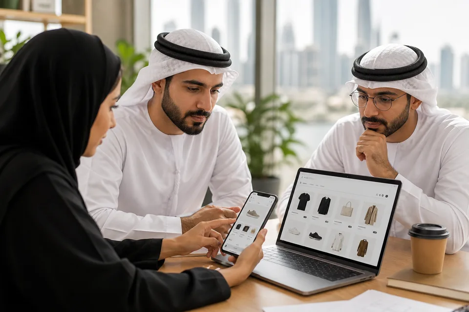 Dubai ecommerce product team reviewing a shopping app checkout and product catalog on phone and laptop