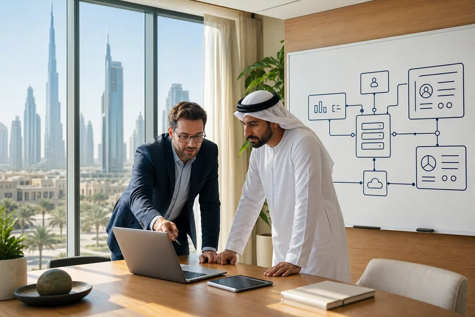 Enterprise software consultants mapping CRM, ERP, and dashboard integrations with a Dubai business leader