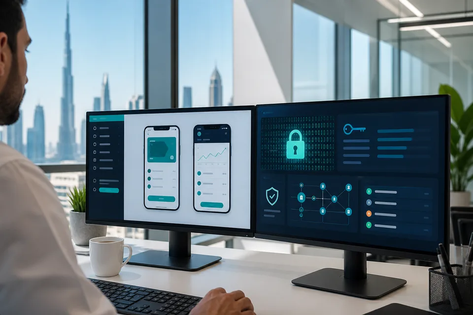 Fintech product team reviewing secure payment and compliance dashboards in a bright Dubai office