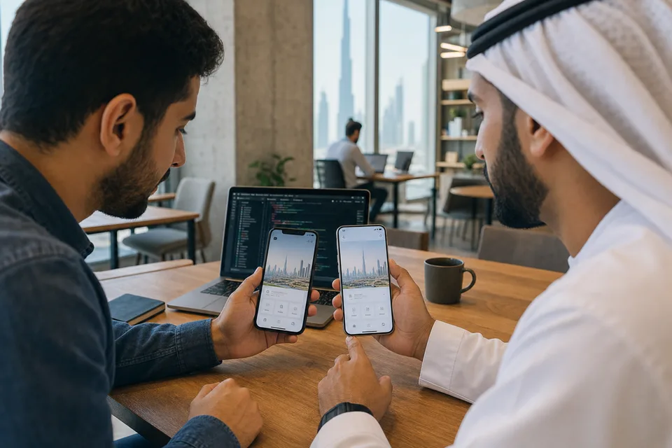 Flutter developers reviewing Android and iOS app prototypes in Dubai
