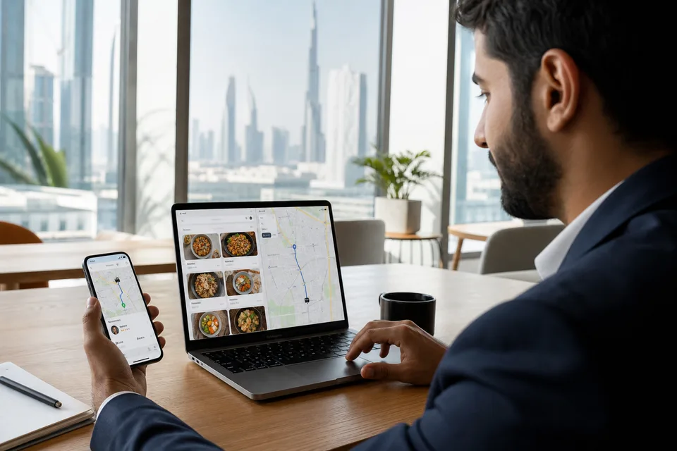 Product team reviewing a food delivery app with live order tracking and restaurant menus in a bright Dubai office