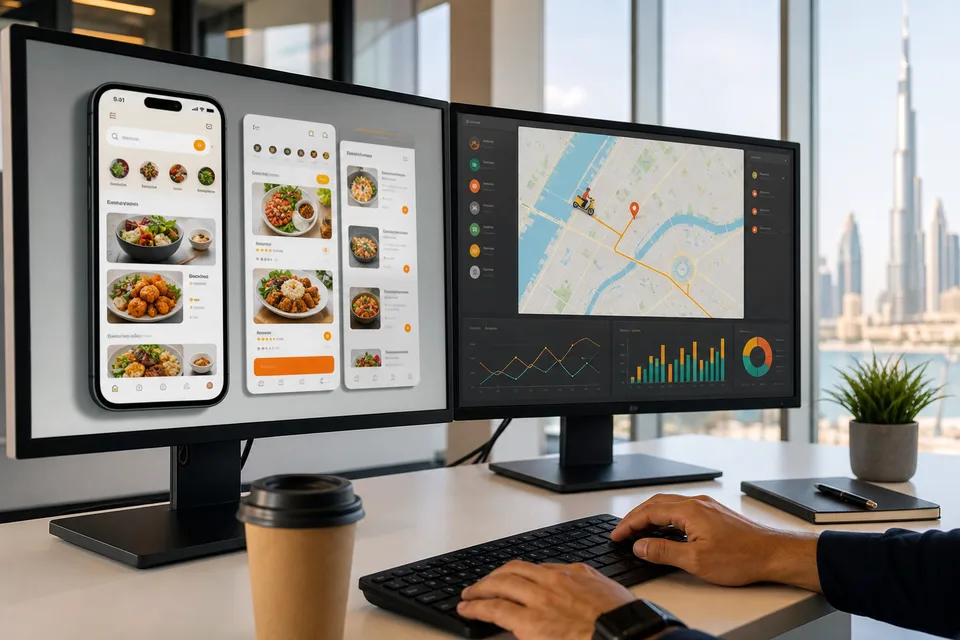 Product team reviewing a food ordering app dashboard and live delivery map in a bright Dubai office