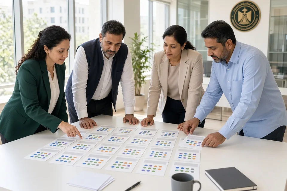 Government digital team planning citizen service journeys in a bright modern UAE office