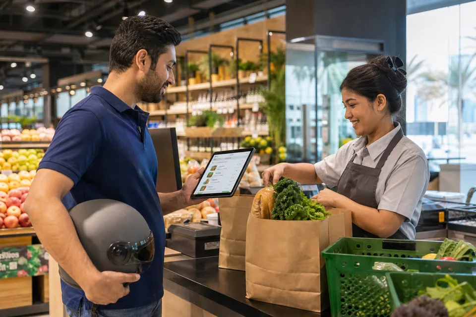 Grocery store associate packing an order while a delivery rider reviews the checklist on a tablet in Dubai