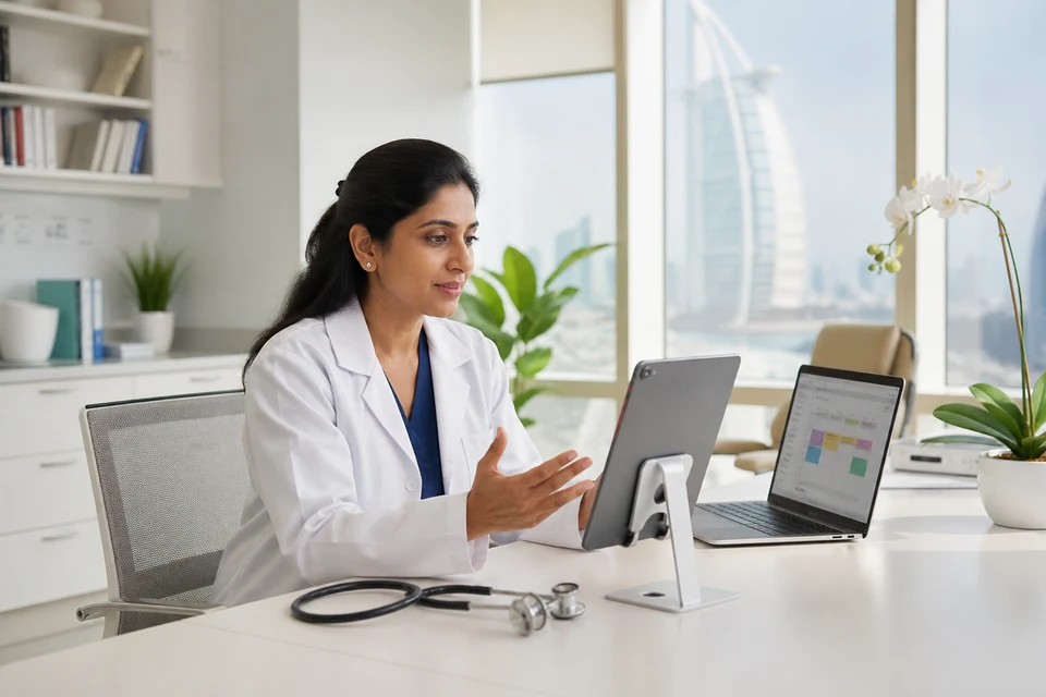 Doctor conducting a video consultation on a tablet in a bright Dubai clinic