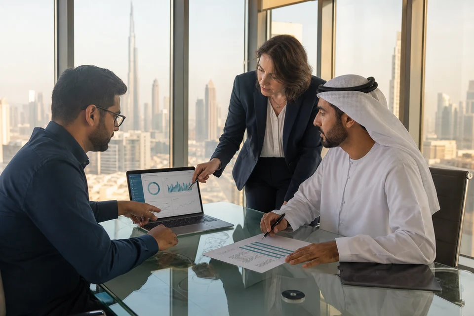 Product team and hospital administrator reviewing healthcare app development costs in a Dubai office