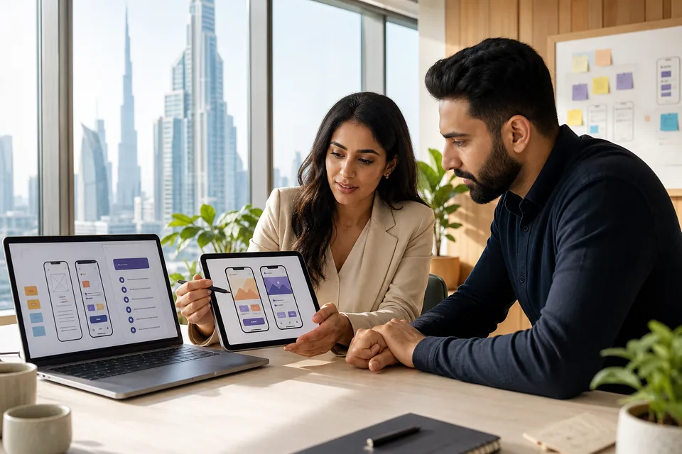 Hiring manager reviewing iOS and Android app prototypes with a mobile developer in a bright Dubai office