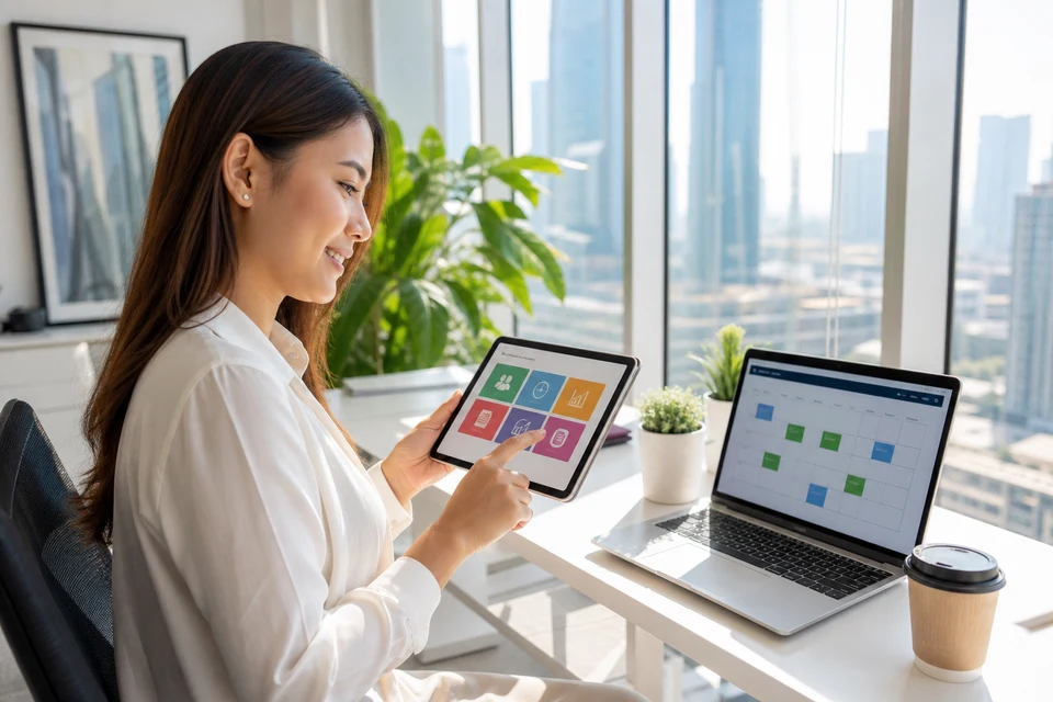 Employee using a tablet self-service HR portal in a bright Dubai office