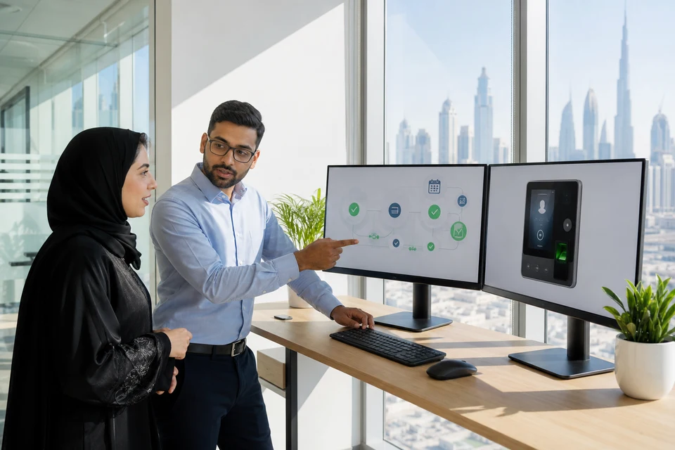 HR manager and engineer reviewing payroll and attendance software in a bright Dubai office