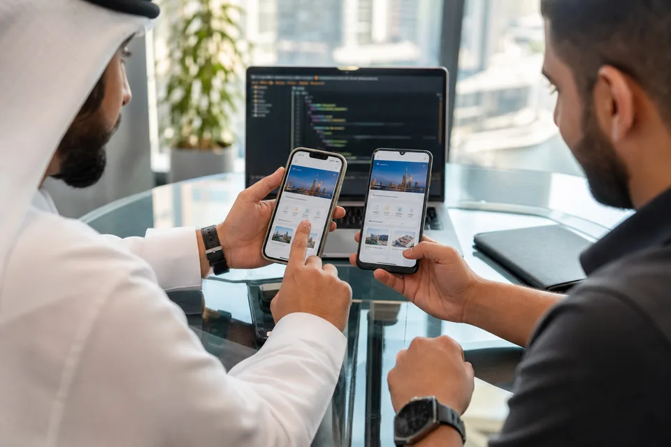 Dubai mobile developers reviewing a Flutter and React Native hybrid app running on iPhone and Android side by side