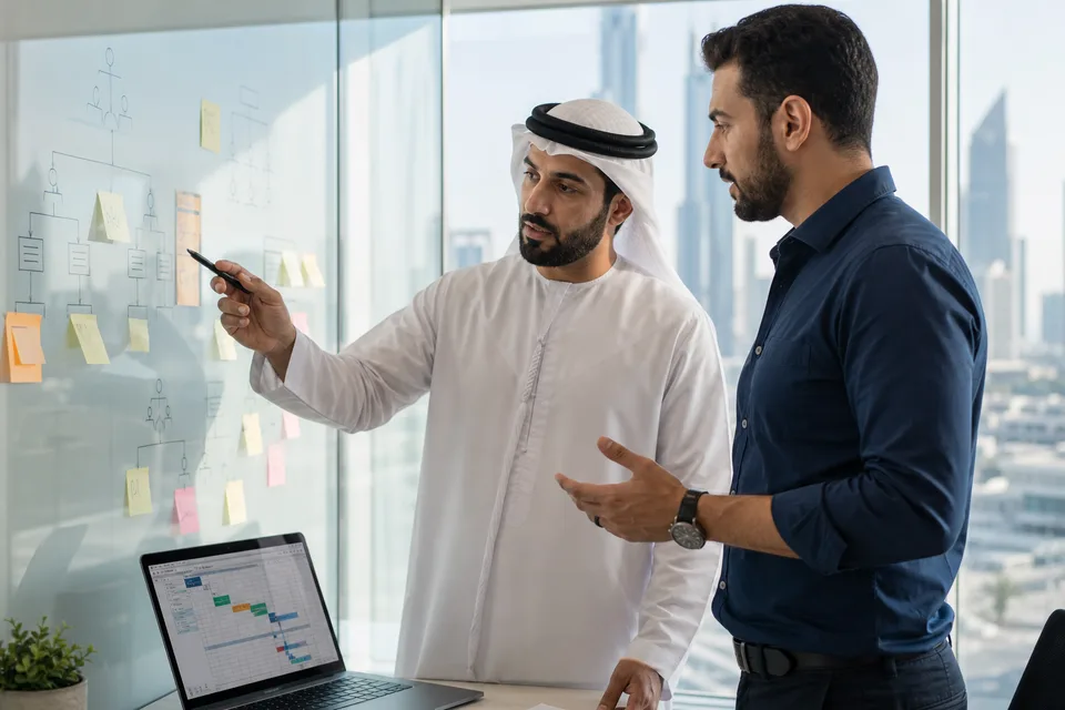 Dubai product and engineering leads comparing in-house and outsourced software team plans on a shared whiteboard