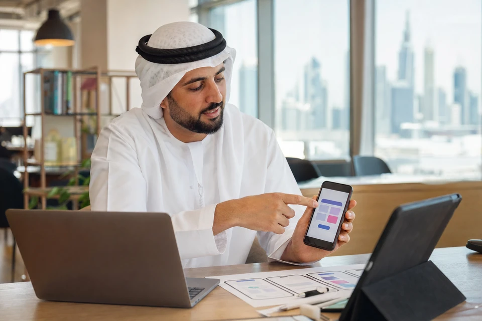 iOS app development team reviewing iPhone prototype in Dubai