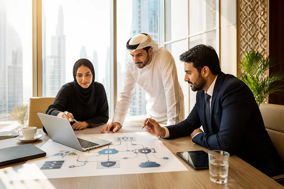 IT consultants mapping a technology strategy roadmap with UAE business leaders in a bright Dubai office