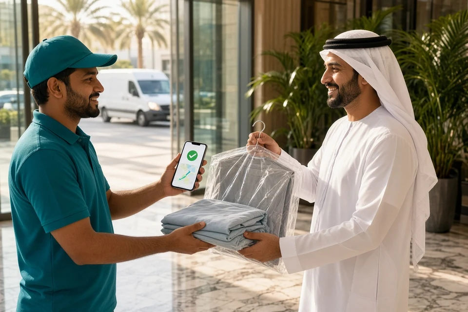 Laundry delivery driver handing pressed garments to a resident in a Dubai tower lobby with proof of delivery on a phone