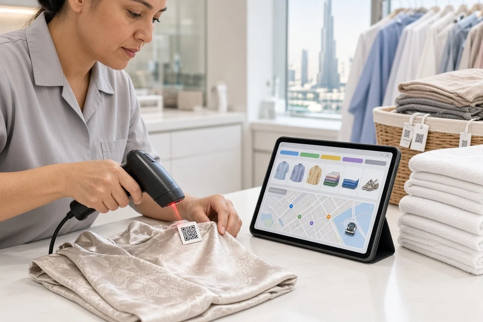 Dry cleaning staff scanning a QR garment tag beside an order dashboard tablet in a bright Dubai shop