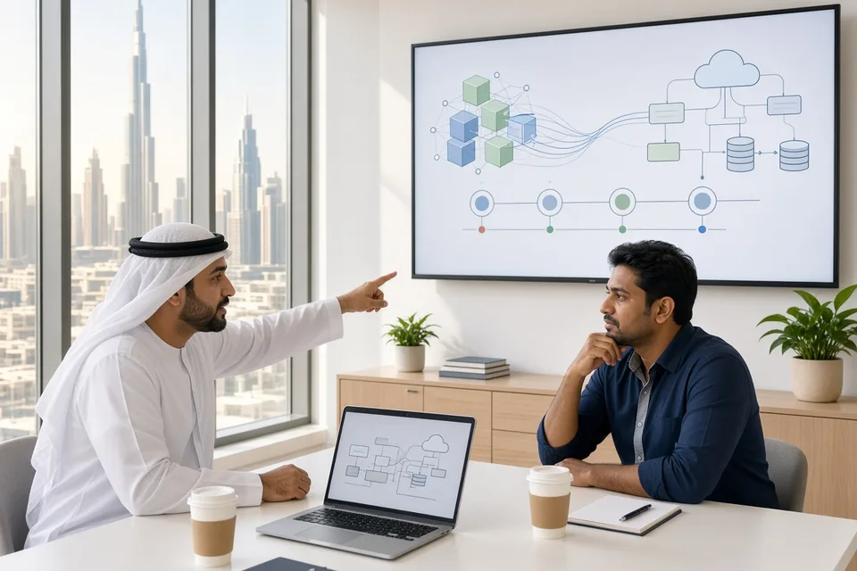Dubai IT architects reviewing a legacy-to-cloud modernization roadmap on a large screen in a bright office