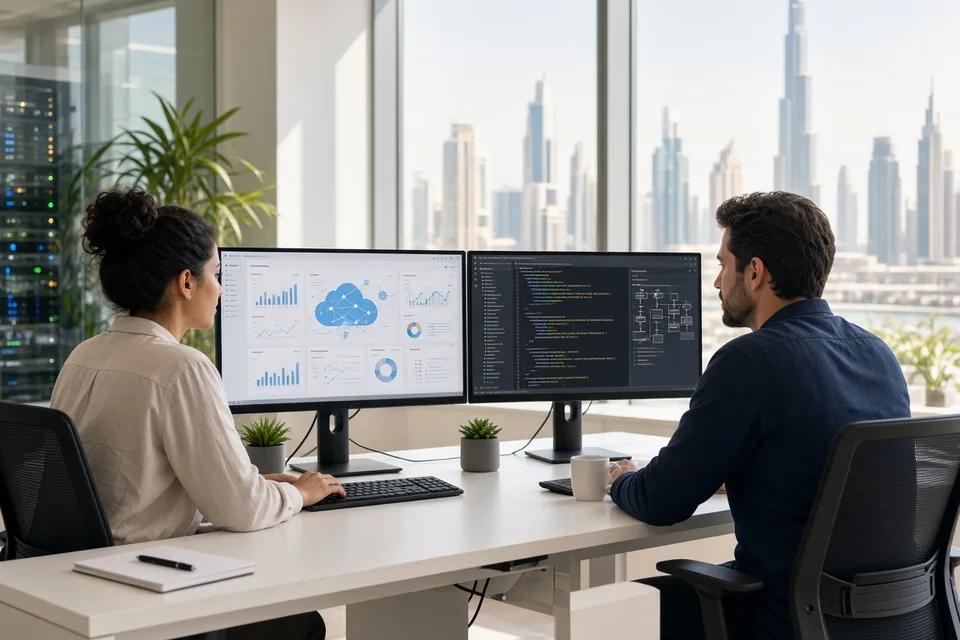 Software engineers migrating legacy systems to cloud infrastructure on dual monitors in a sunlit Dubai workspace