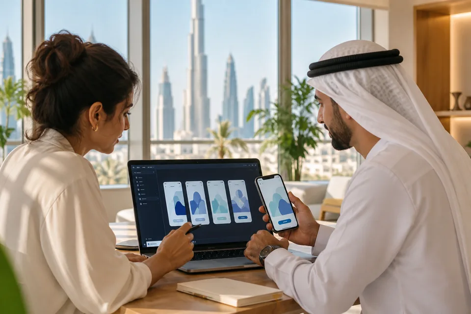 UX designers reviewing a mobile app prototype and onboarding screens in a bright Dubai studio