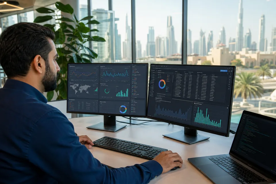 DevOps engineer monitoring mobile app performance dashboards and crash reports in a bright Dubai office