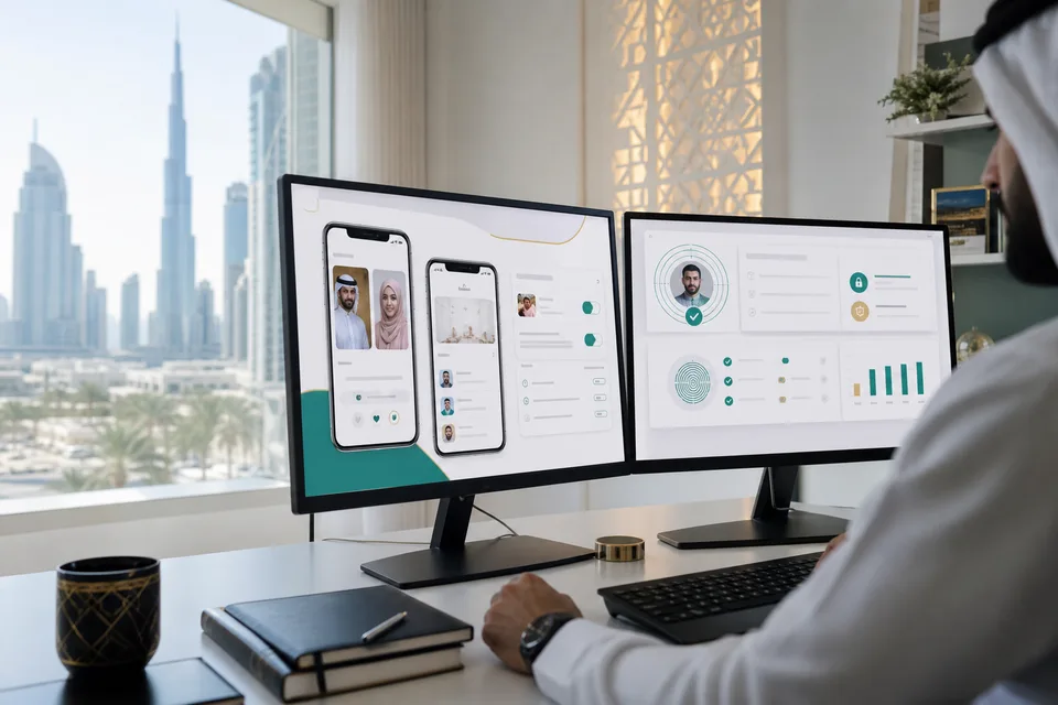 Product team reviewing a privacy-focused Muslim matchmaking app UI in a bright Dubai office