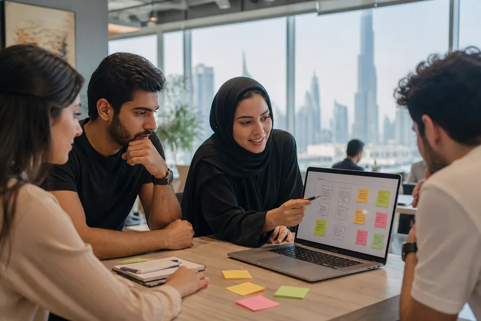 Startup founders reviewing a lean MVP roadmap on a laptop in a bright Dubai coworking space