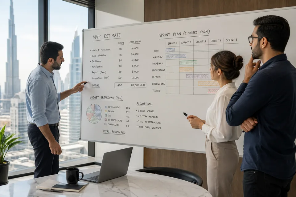 Product team estimating MVP development cost and sprint plan on a whiteboard in Dubai