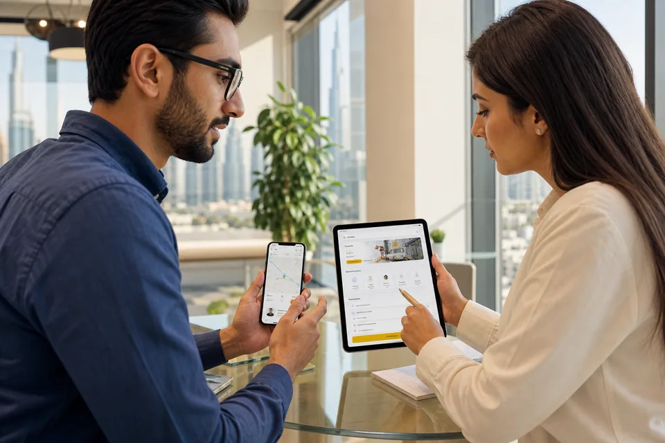 Product team reviewing an on-demand service app with live order tracking and provider matching in a bright Dubai office