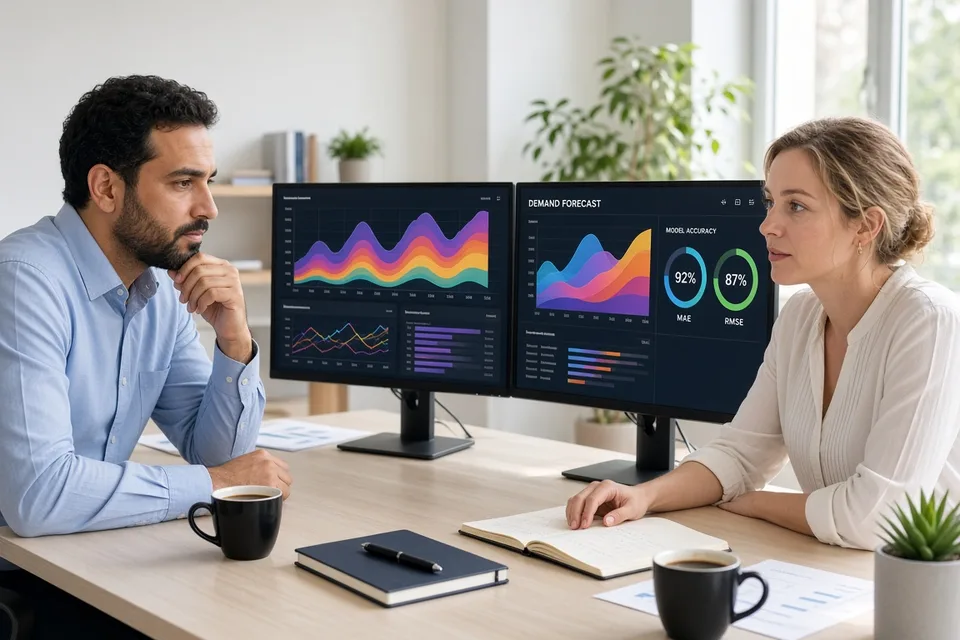 Data scientists reviewing forecast charts and model outputs on bright dual monitors in a modern office