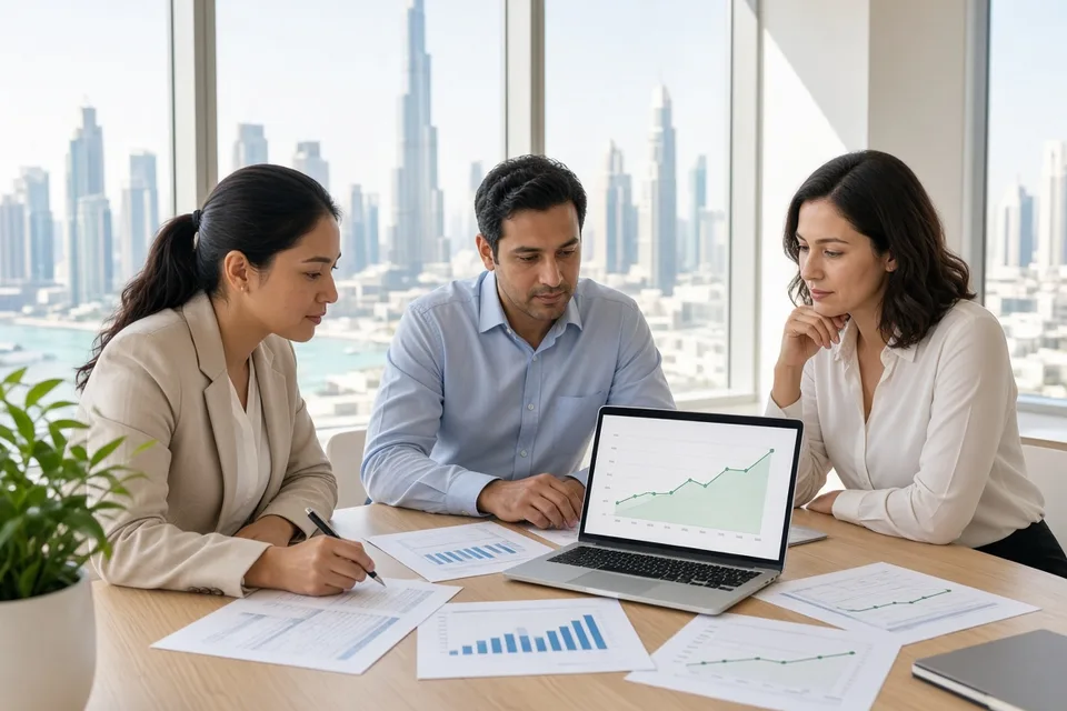 Business analysts discussing demand forecasts around a bright conference table with laptop charts